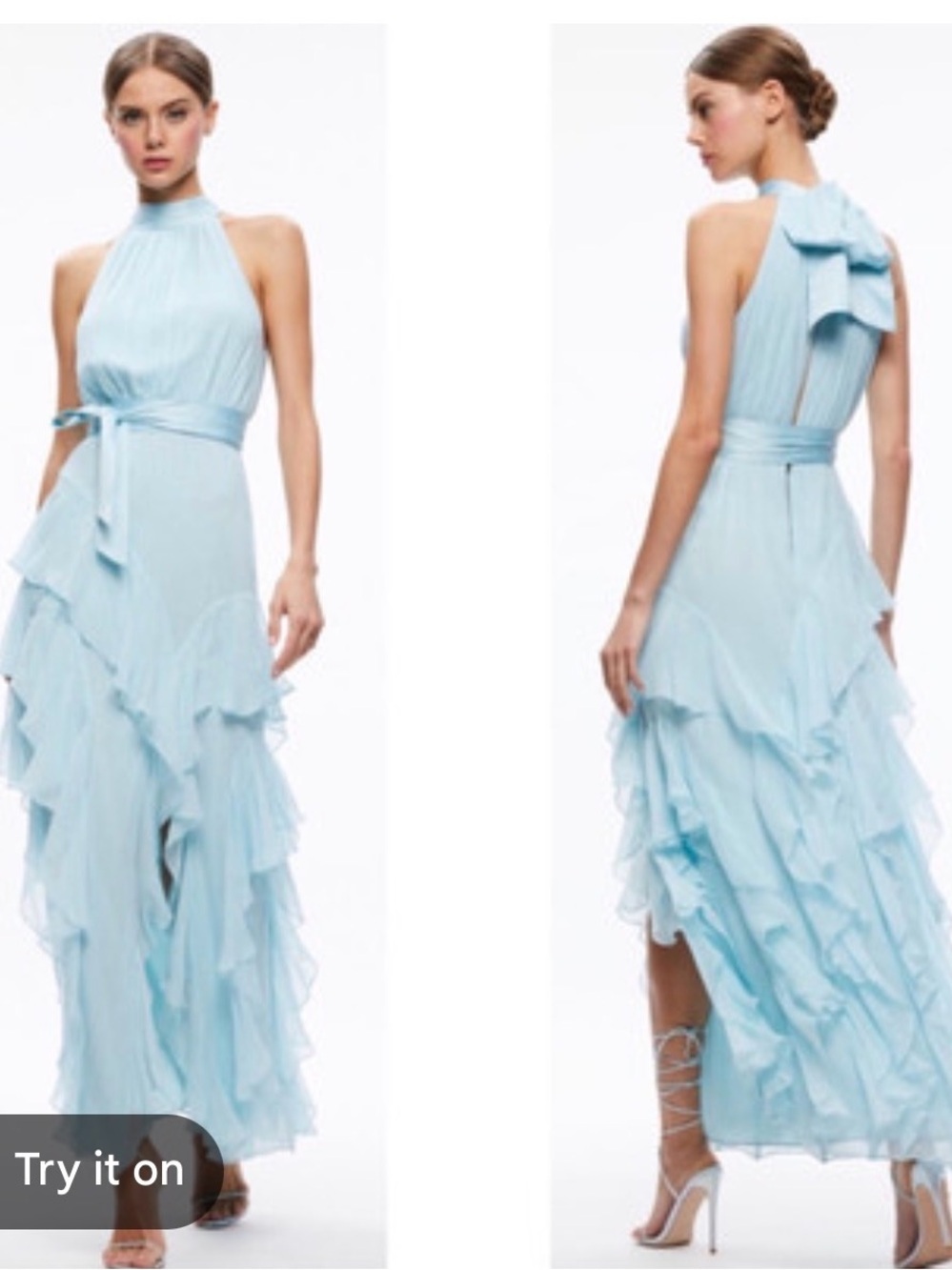 Alice + Olivia Emilia Ruffle Bow Neck Silk Gown in Julep - Picture 2 of 9